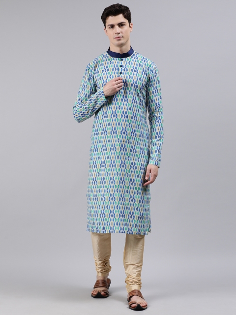 

EthnoVogue Men Blue & Beige Made to Measure Printed Kurta with Churidar