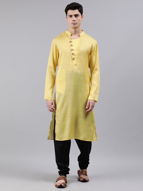 

EthnoVogue Men Yellow & Black Made to Measure Solid Kurta with Churidar