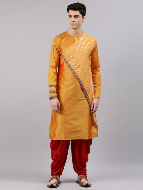 

Bollywood Vogue Men Mustard Yellow Made to Measure Foil Printed Angrakha Kurta