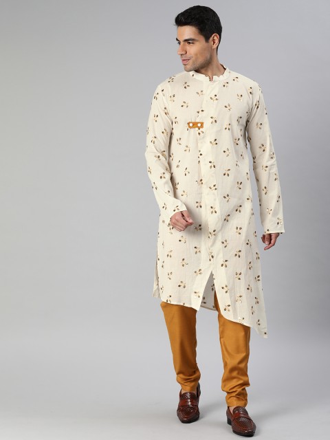 

EthnoVogue Men Off-White & Mustard Yellow Made To Measure Embroidered Kurta Set