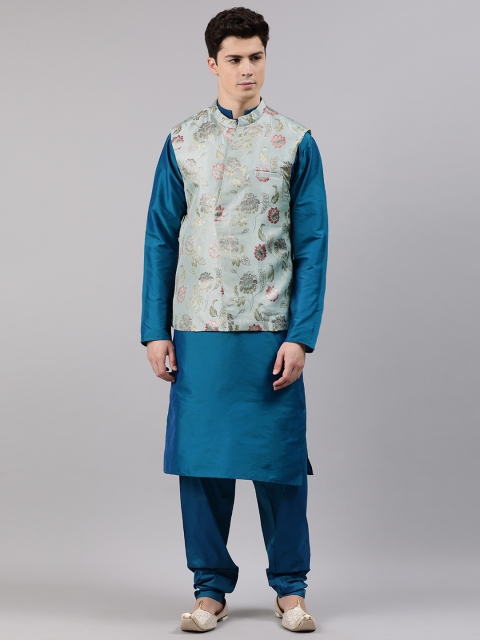 

EthnoVogue Men Blue Made to Measure Solid Kurta with Churidar & Nehru Jacket