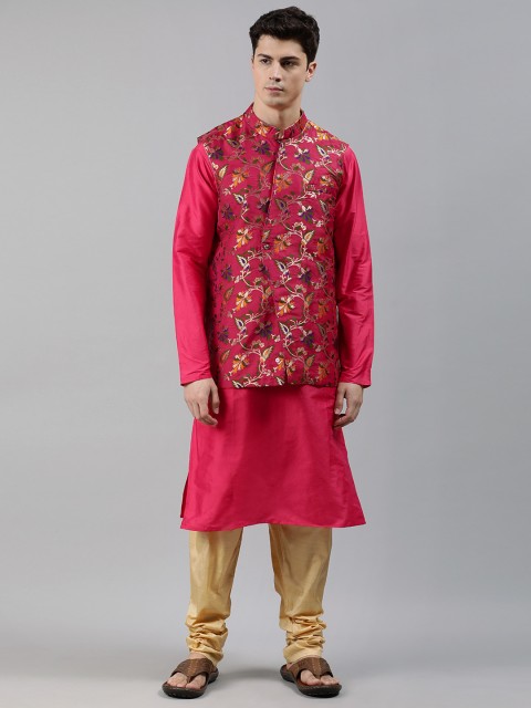 

Bollywood Vogue Men Pink Solid Made To Measure Kurta with Churidar & Nehru Jacket
