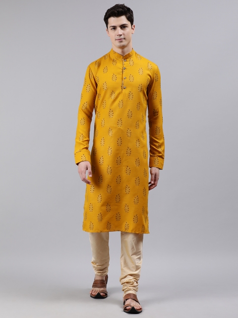 

EthnoVogue Men Mustard Yellow & Beige Made to Measure Foil Print Kurta with Churidar