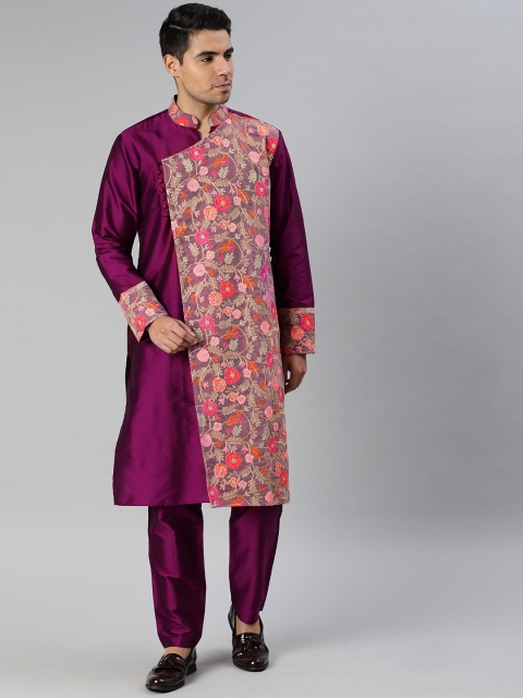 

EthnoVogue Men Purple Embroidered Made To Measure Kurta with Trousers