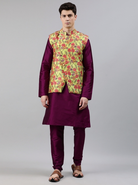 

EthnoVogue Men Purple & Green Made To Measure Solid Kurta Set & Nehru Jacket