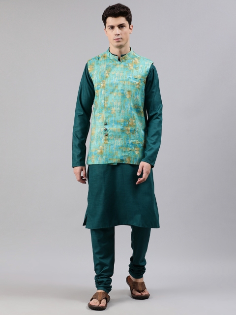 

Bollywood Vogue Men Teal Green Solid Kurta with Pyjamas & Printed Nehru Jacket