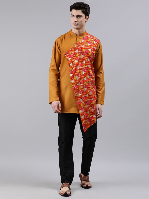 

EthnoVogue Men Mustard Yellow & Black Printed Made To Measure Kurti Set