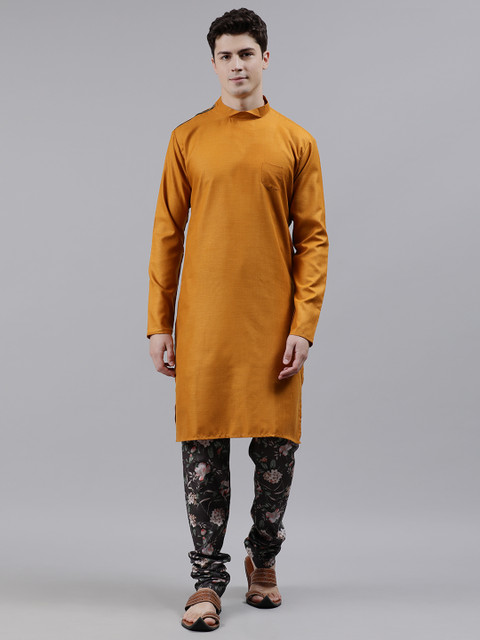 

EthnoVogue Men Mustard Yellow & Grey Solid Made To Measure Kurta Set