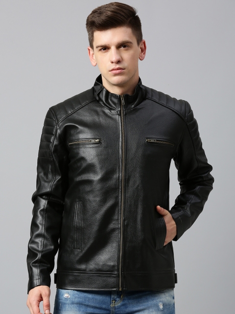 

Urbano Fashion Men Black Solid Leather Biker Jacket