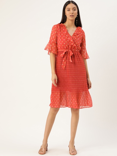 

Antheaa Women Orange & Yellow Polka Dot Print Accordian Pleated Wrap Dress