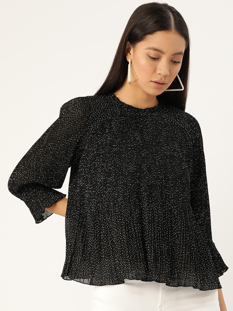 

Antheaa Women Black & White Polka Dot Print Accordion Pleat A-Line Top