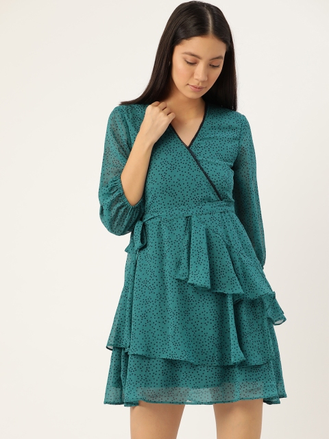 

Antheaa Women Teal Blue Printed Ruffled Wrap Dress