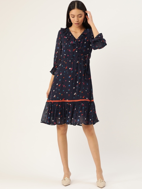 

Antheaa Women Navy Blue Printed Wrap Dress