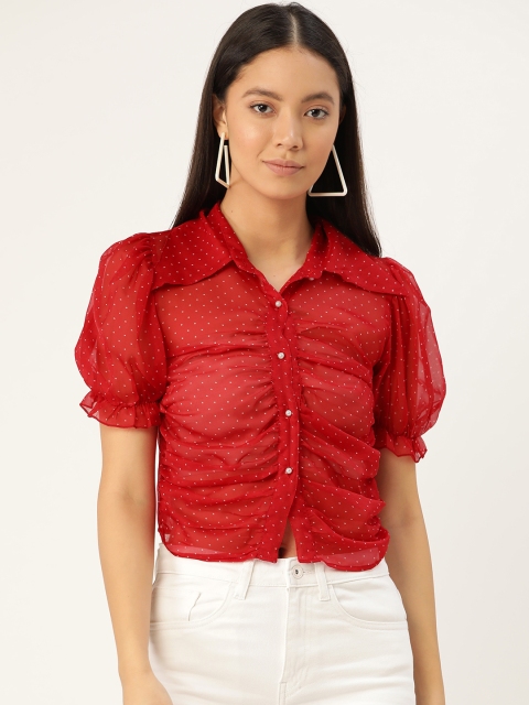 

Antheaa Women Red & White Semi-Sheer Regular Fit Micro Ditsy Printed Casual Shirt