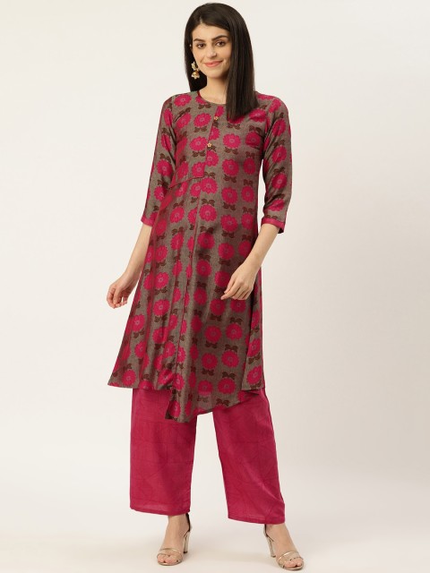 

shiloh Women Charcoal Grey & Pink Floral Printed Kurta with Palazzos