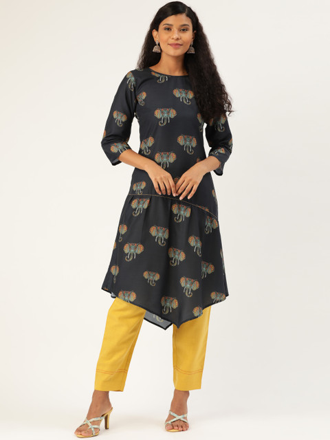 

shiloh Women Navy Blue & Mustard Yellow Elephant Printed Asymmetric Kurta with Trousers