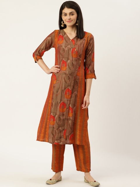 

shiloh Women Brown & Rust Orange Printed Angrakha Kurta with Trousers