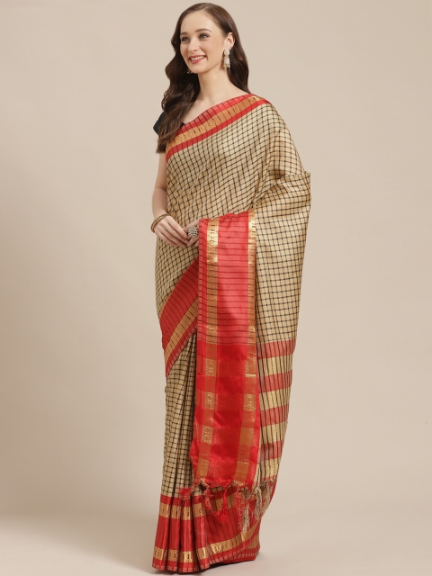 

KALINI Beige & Black Checked Saree