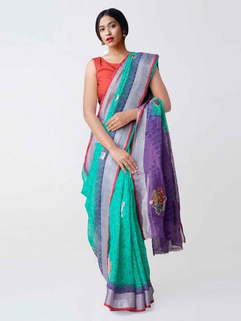 

Unnati Silks Green & Blue Pure Handloom Linen Printed Sustainable Saree