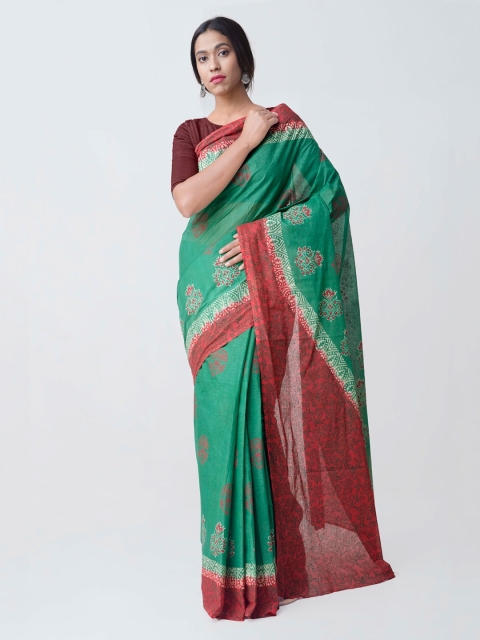 

Unnati Silks Green & Red Organza Block Printed Kota Saree