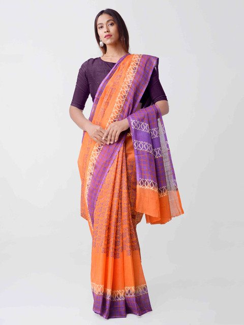 

Unnati Silks Orange & Purple Organza Printed Sustainable Kota Saree