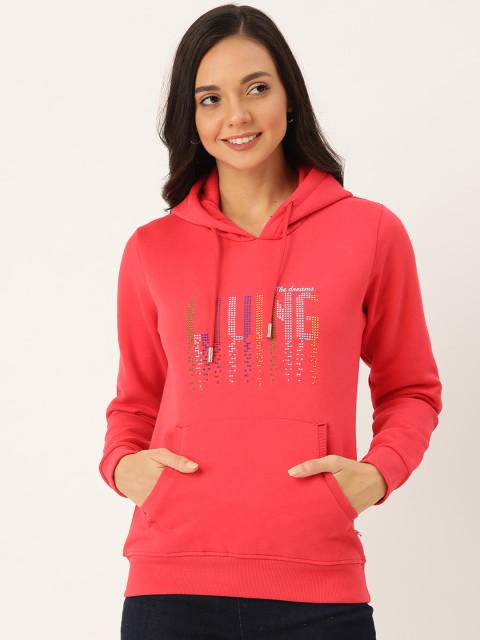 

Monte Carlo Women Coral Pink Embroidered Hooded Sweatshirt