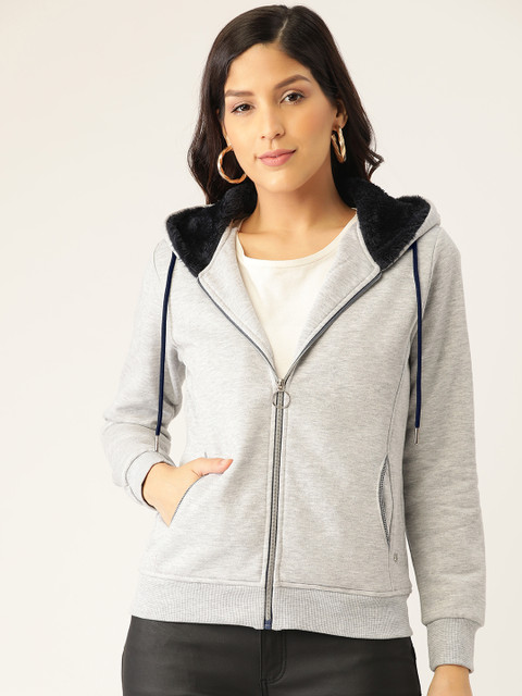 

Monte Carlo Women Grey Melange & Black Solid Hooded Sweatshirt