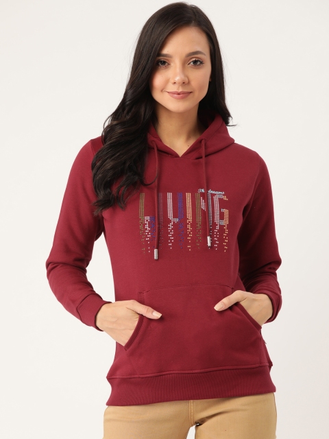 

Monte Carlo Women Maroon Embroidered Hooded Sweatshirt