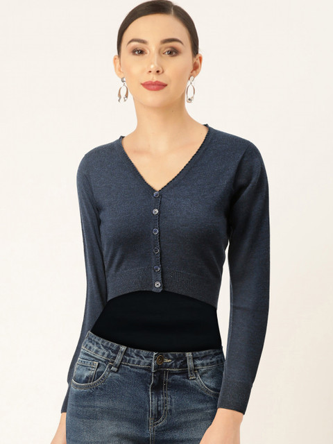 

Monte Carlo Women Navy Blue Solid Pure Wool Cropped Cardigan