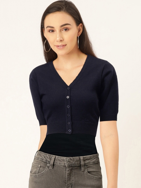 

Monte Carlo Women Navy Blue Solid Crop Cardigan