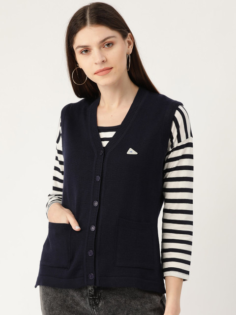 

Monte Carlo Women Navy Blue Solid Pure Wool Cardigan