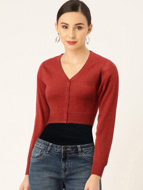 

Monte Carlo Women Rust Red Solid Crop Cardigan