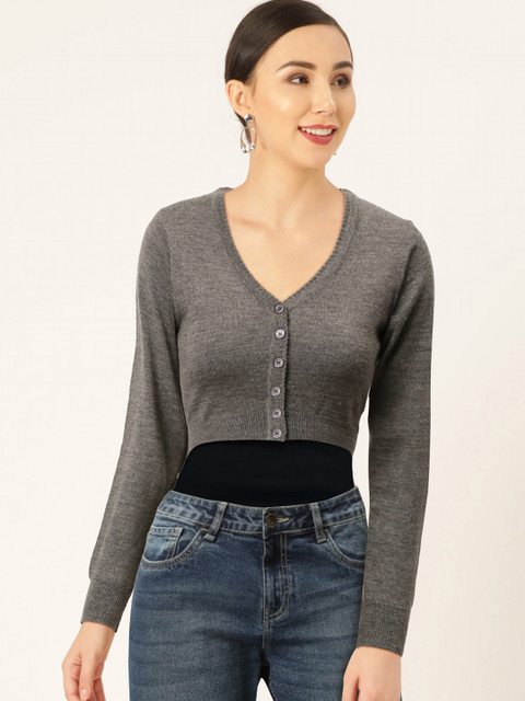 

Monte Carlo Women Charcoal Grey Solid Pure Wool Cropped Cardigan