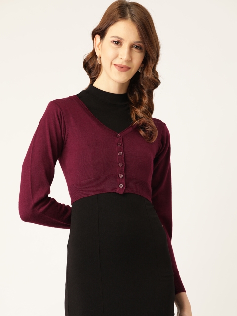 

Monte Carlo Women Maroon Solid Cropped Cardigan Sweater