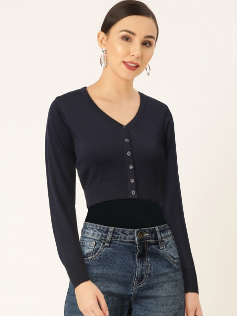 

Monte Carlo Women Navy Blue Solid Pure Wool Cropped Cardigan
