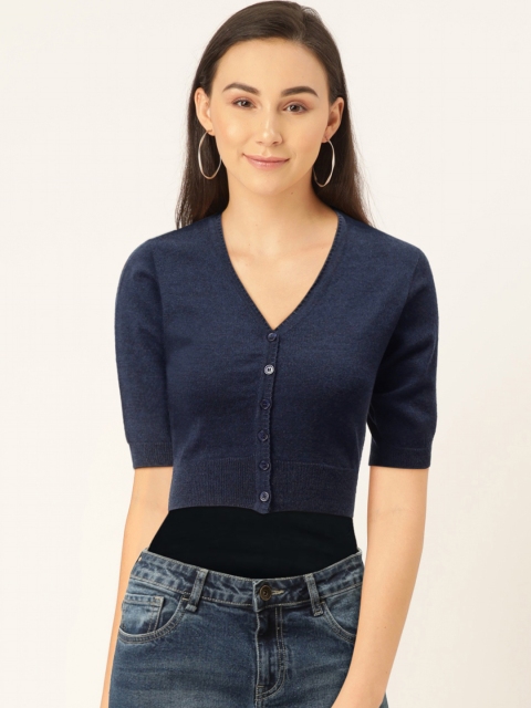 

Monte Carlo Women Navy Blue Solid Crop Cardigan