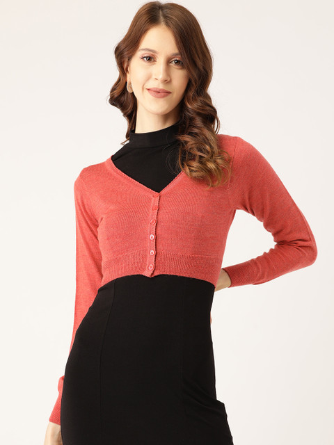 

Monte Carlo Women Coral Orange Solid Cropped Cardigan Sweater
