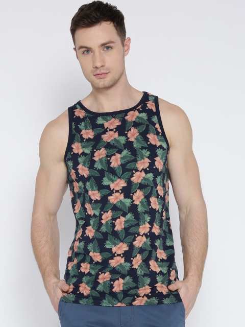 

BAY ISLAND Navy & Green Printed Sleeveless T-shirt, Navy blue