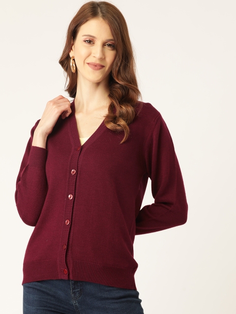 

Monte Carlo Women Maroon Woollen Solid Cardigan Sweater