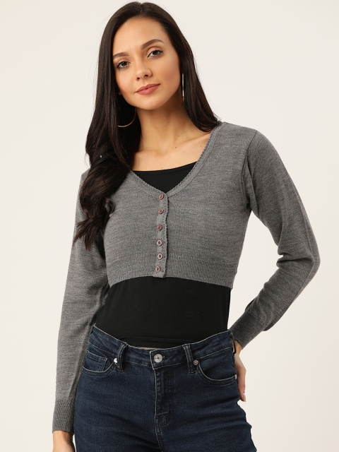 

Monte Carlo Women Grey Solid Cropped Woollen Cardigan