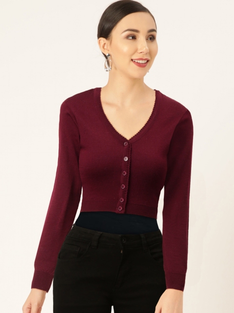

Monte Carlo Women Maroon Solid Crop Cardigan