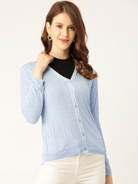 

Monte Carlo Women Blue Self Design Cardigan Sweater