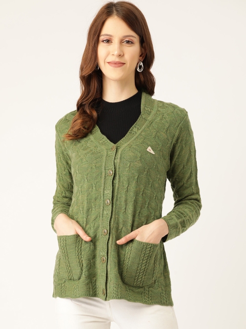 

Monte Carlo Women Olive Green Geometric Self-Design Cardigan Sweater