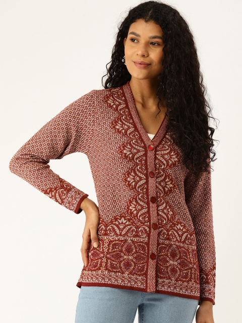 

Monte Carlo Women Maroon & Off-White Ethnic Patterned Cardigan Sweater