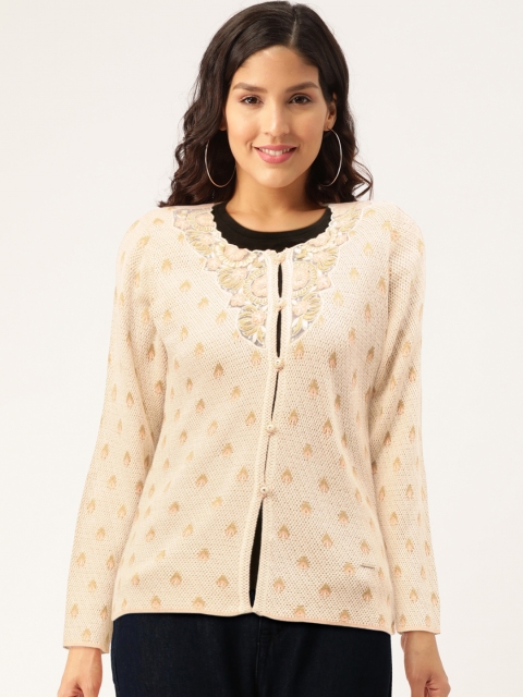 

Monte Carlo Women Beige & Peach-Coloured Ethnic Self-Design Cardigan Sweater