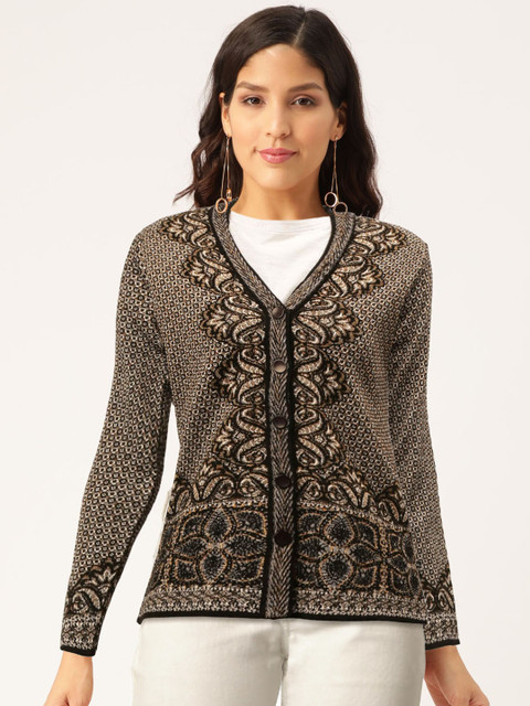 

Monte Carlo Women Black & Brown Self Design Cardigan Sweater