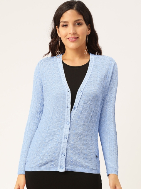 

Monte Carlo Women Blue Self Design Cardigan Sweater