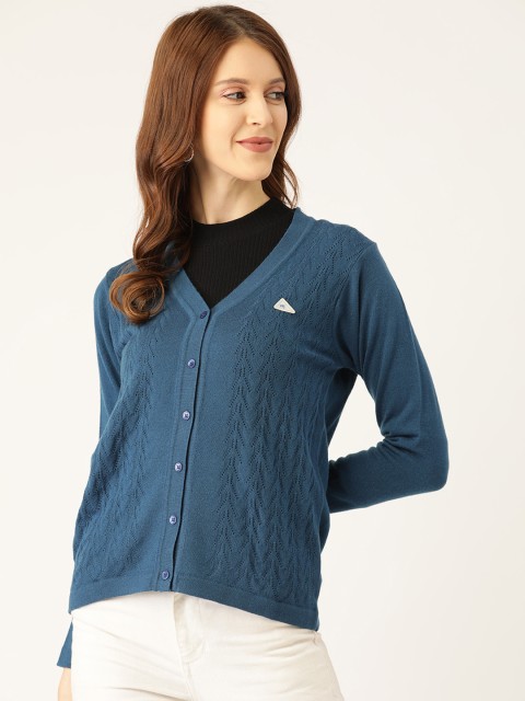 

Monte Carlo Women Navy Blue Self Design Cardigan Sweater