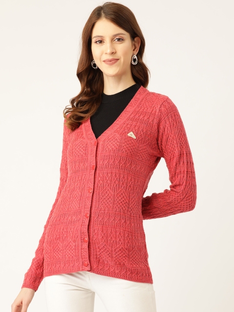 

Monte Carlo Women Coral Red Cable Knit Self-Design Cardigan Sweater