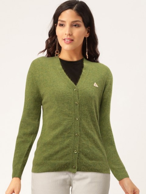 

Monte Carlo Women Green Solid Fuzzy Cardigan Sweater